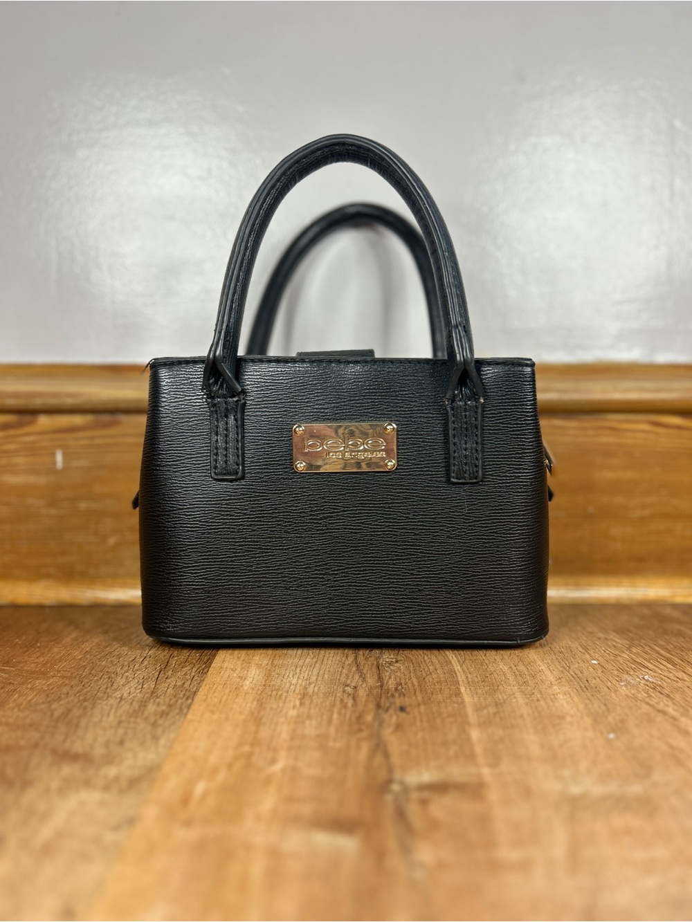 bebe mini Black Satchel with Gold Plaque
